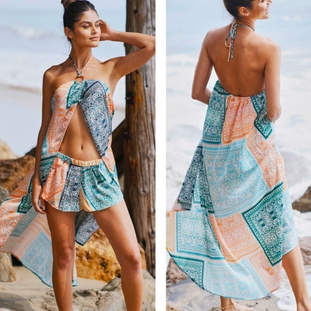Anthropologie Split Halter Top And Short Beach Set Airy Blue/Orange SZ S